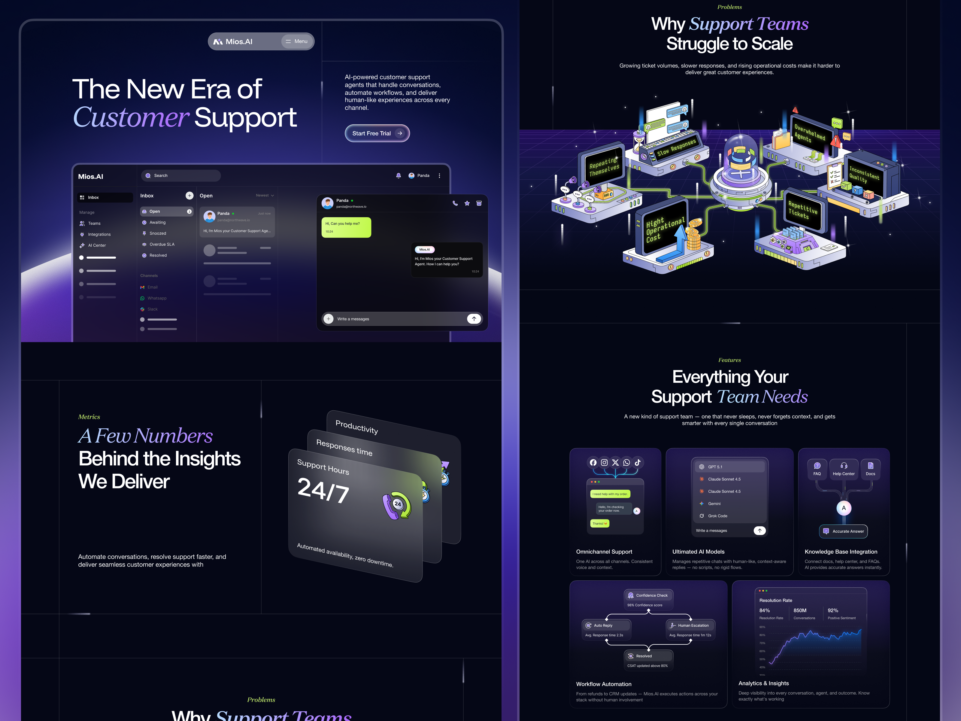 Mios.AI — AI Customer Support Landing Page 💬 3d illustration ai animation app automation chatbot customer support dark ui dashboard design illustration isometric landing page orely saas ui ux web