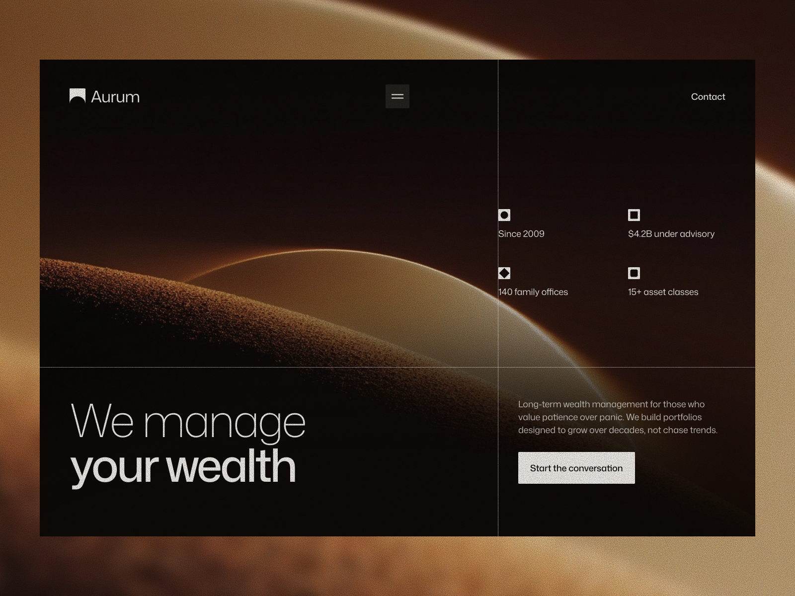 AURUM — Wealth Advisory Website animation branding dark mode finance gold hero landingpage luxury minimal motion graphics ui ux wealthmanagement web design
