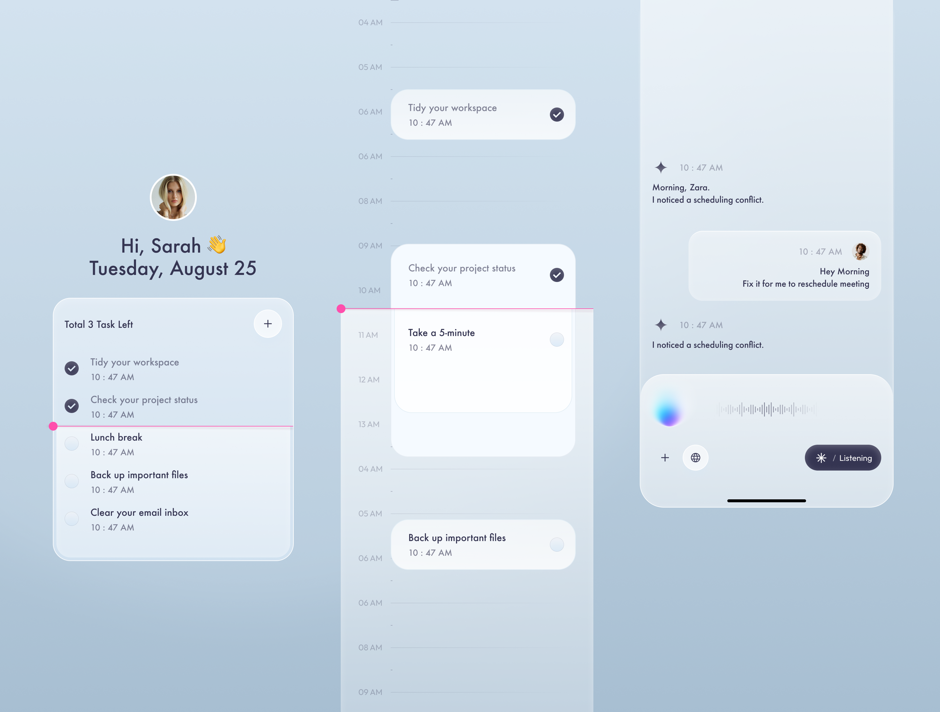 AI Assistant for Everyday Planning ai tasks aiux app application designsystems ios mobile mobileappdesign reminders smartassistant task taskmanagemen ui