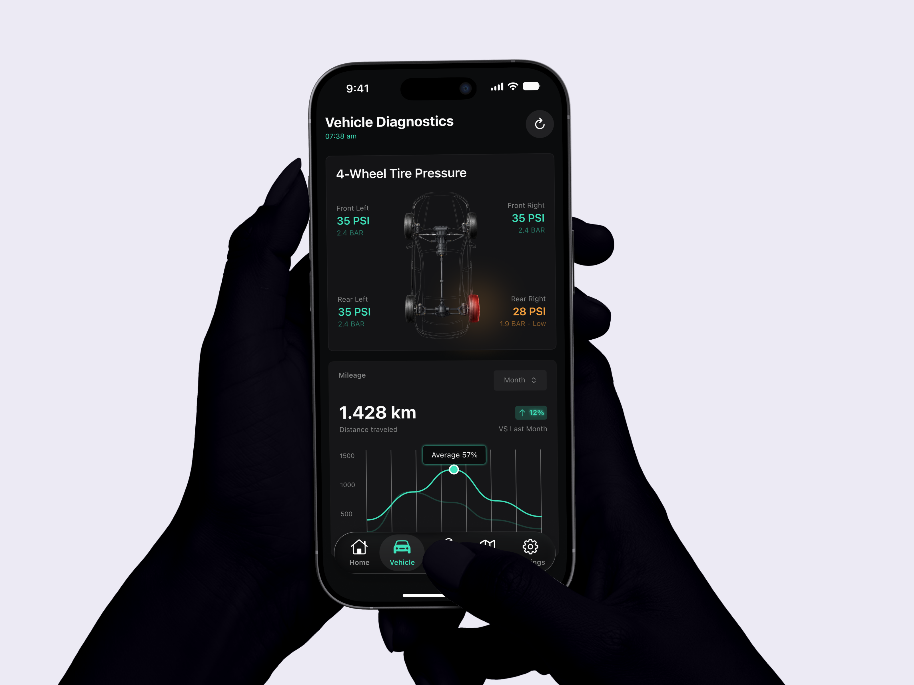 Vehicle Diagnostics & Tire Pressure — iOS Car App ai app design analytics ui app design apple app design automotive app automotive ui car app dark design dark ui dashboard data visualization figma hig design ios app mobile app design nativa ios design product design sf symbols ui ux
