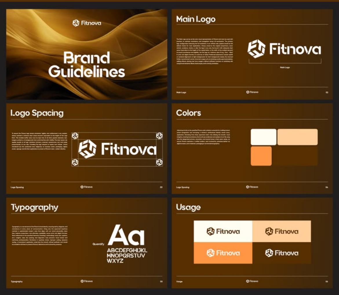 Fitnova — Fitness & Wellness Brand Guidelines Presentation 3d logo brand book brand guidelines brand identity brand presentation branding system color palette corporate identity dribbble portfolio geometric logo logo brand identity logo branding logo design logo designer logo grid logo spacing modern logo presentation design typography design wellness branding