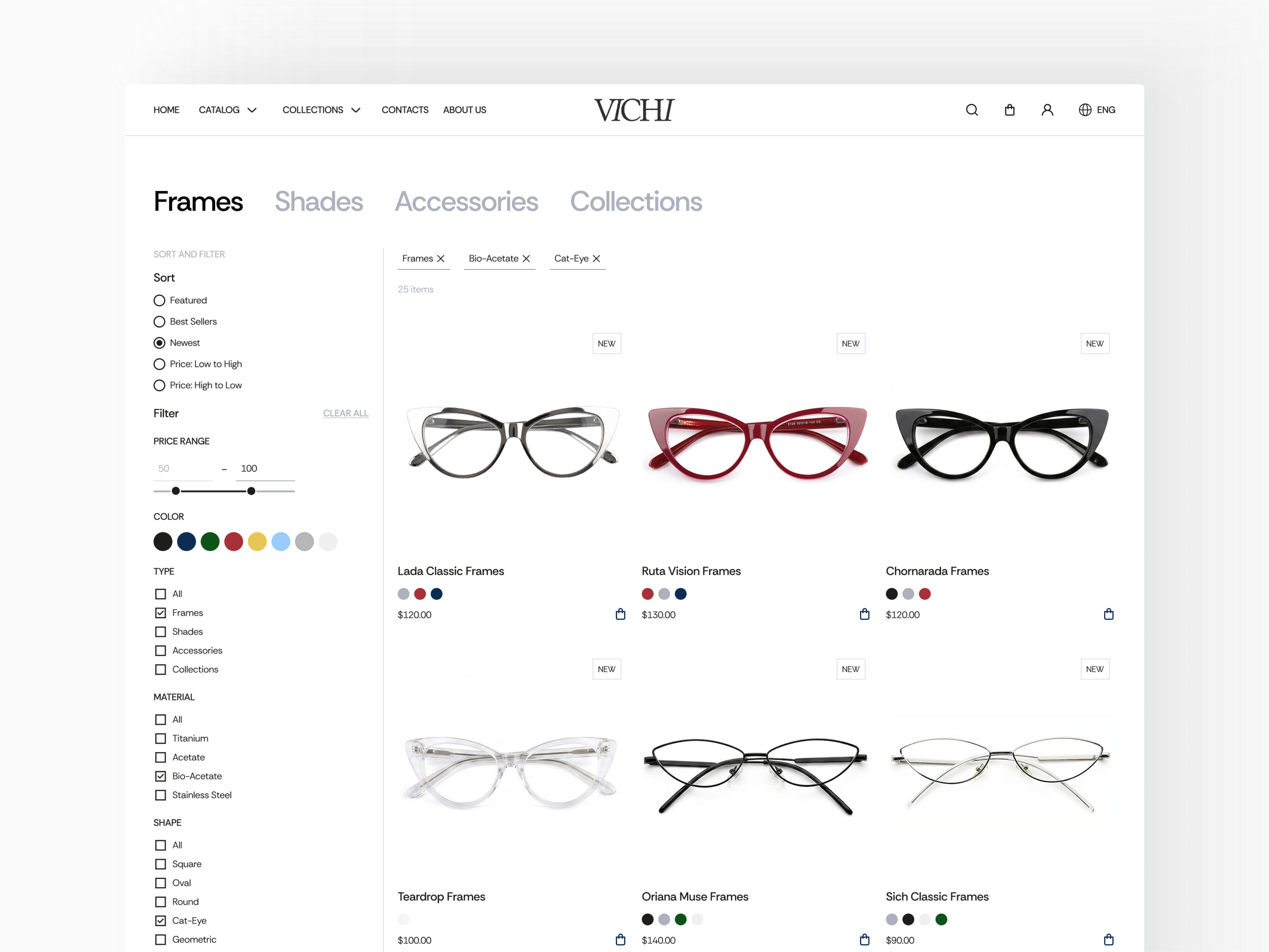 Eyewear E-commerce Website UX/UI Design Catalog Page catalog catalogue e comm e commerce eyewear filter sort ui web design