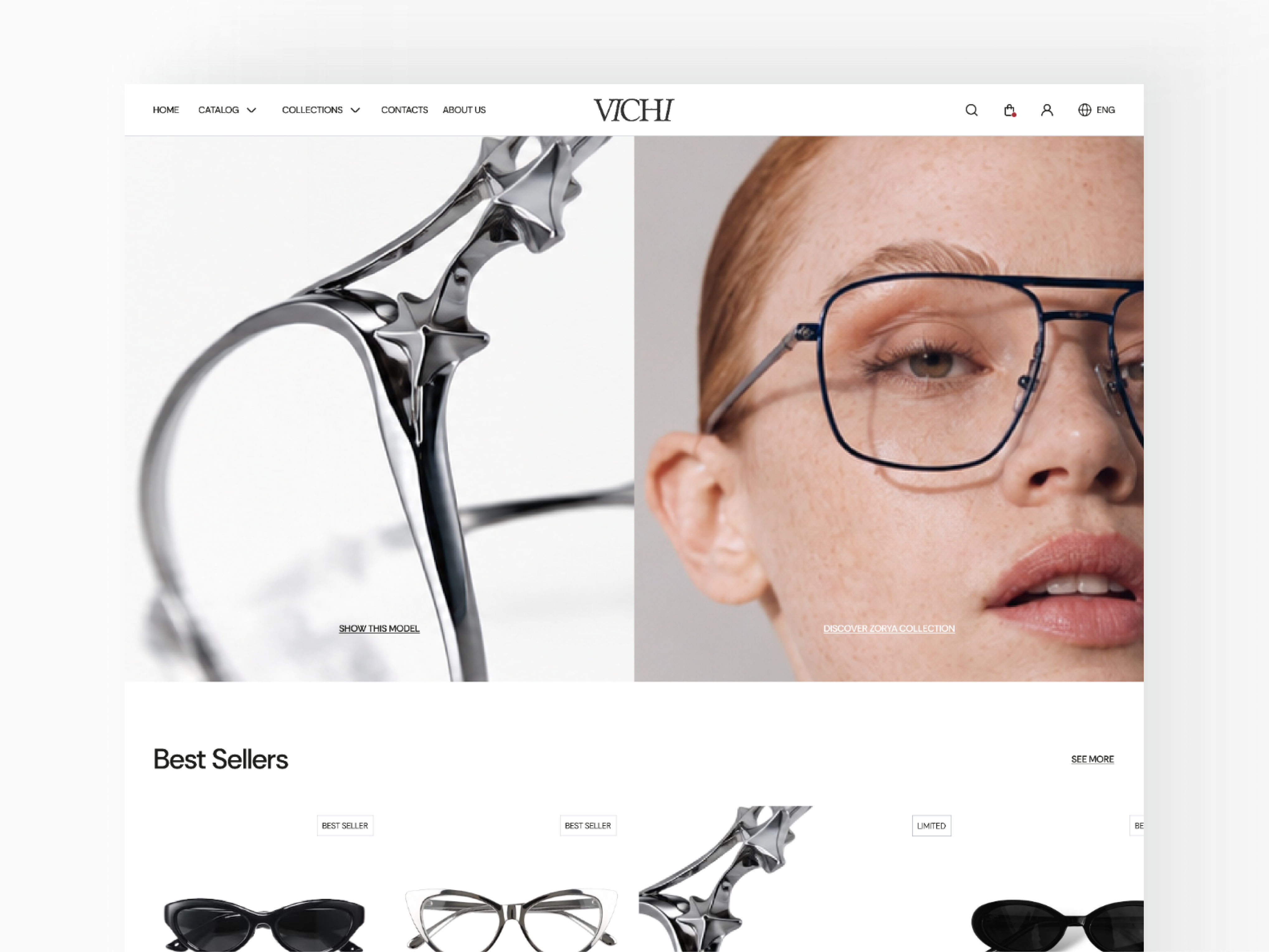 Eyewear E-commerce Website UX/UI Design Home Page catalogue ui e comm e commerce eyewear website home page minimalist ui product card ui ux
