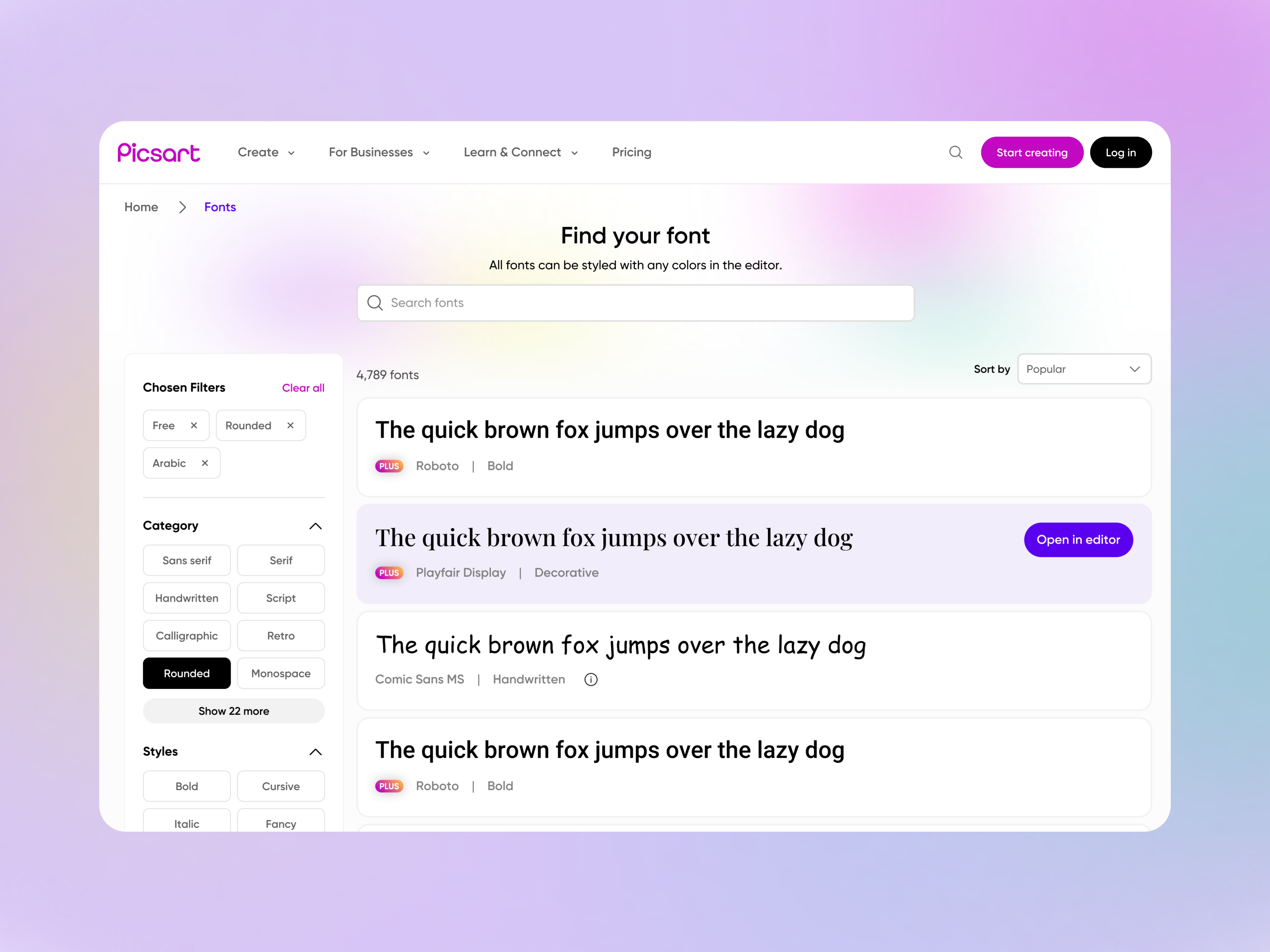Picsart Font Discovery — UX Redesign content discovery creative tools design platform figma filter design font browser font discovery information architecture picsart product design responsive design search experience typography ui design usability testing user experience user research ux design ux redesign web design