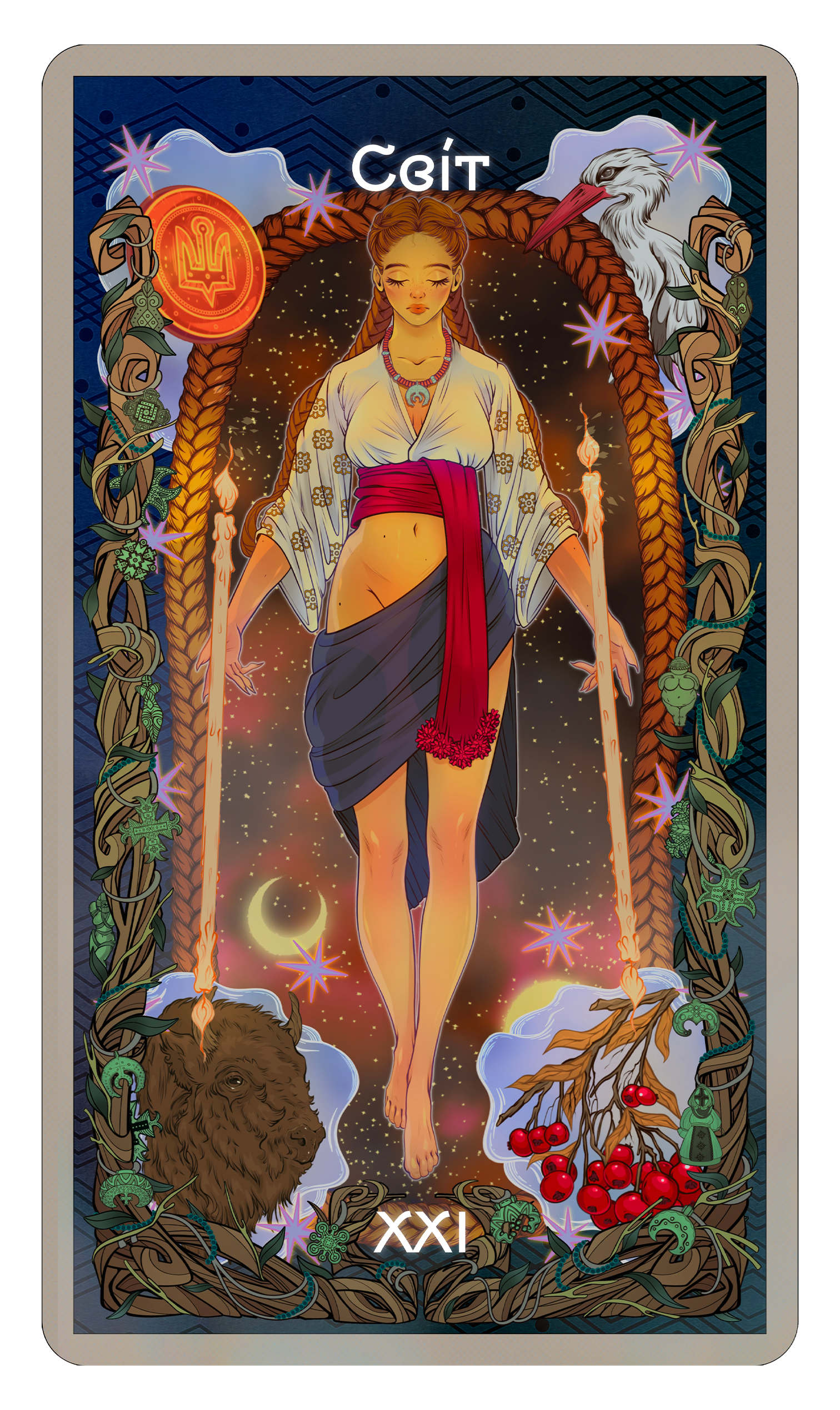 XXI — THE WORLD card design digital illustration fantasy illustration female character mythology ornamental illustration symbolic illustration tarot tarot card tarot illustration the world ukrainian art ukrainian culture ukrainian folklore visual storytelling