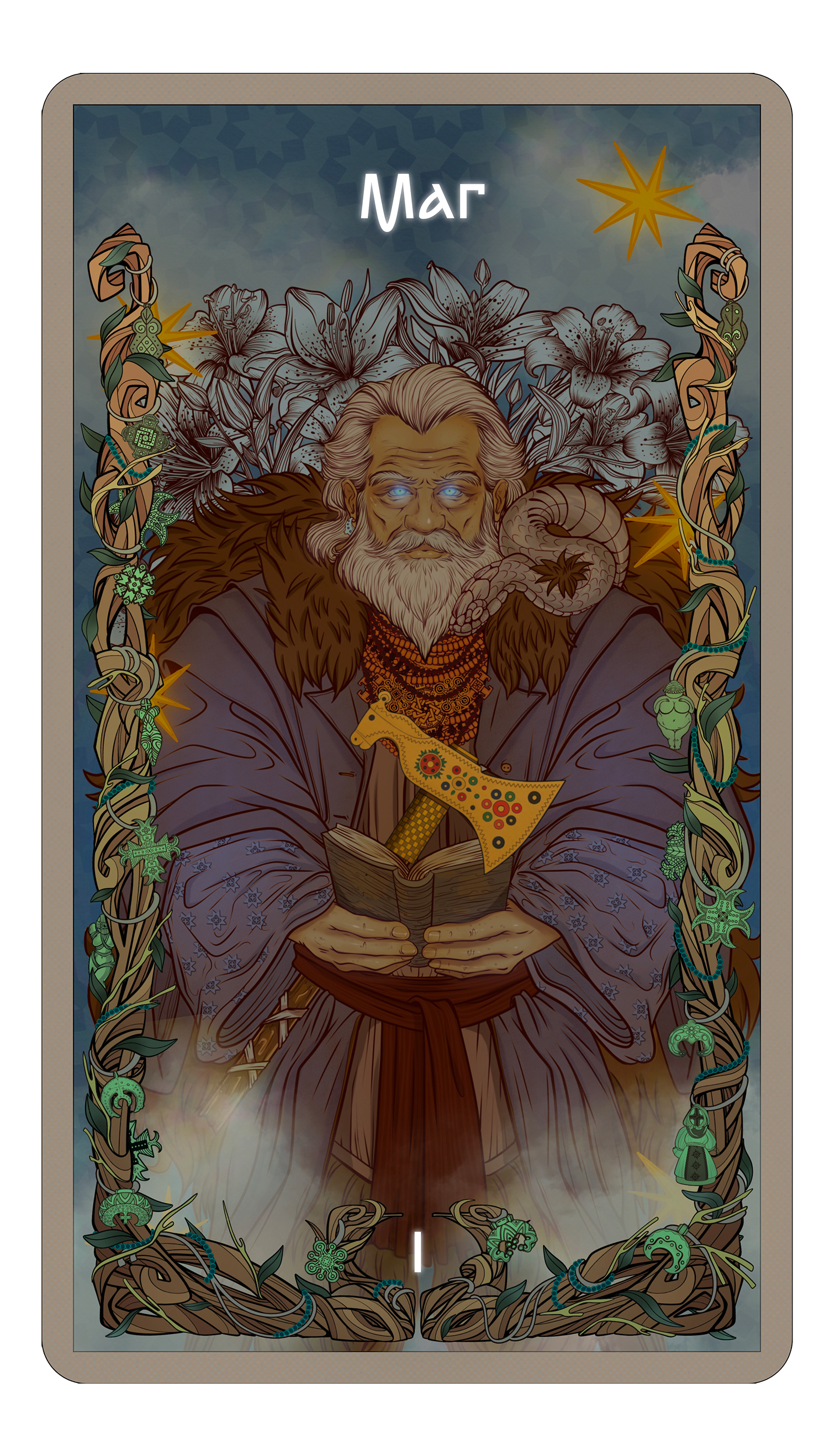 I — THE MAGICIAN card design character design digital illustration fantasy illustration folklore mythology ornamental illustration symbolic illustration tarot tarot card tarot illustration the magician ukrainian folklore visual storytelling wizard