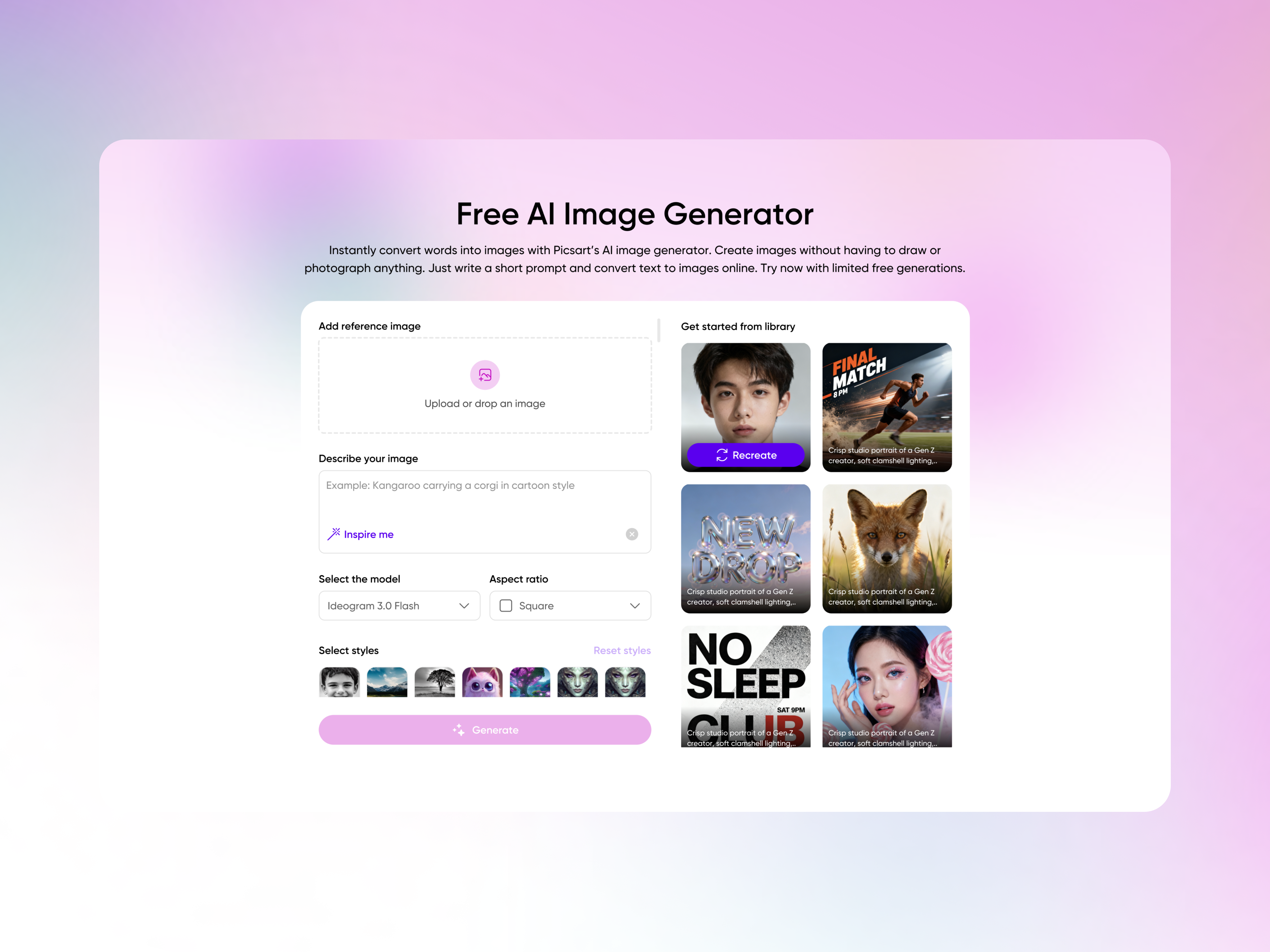 Picsart AI Image Generator — Landing Page Redesign ai image generator artificial intelligence conversion optimization creative tools figma generative ai growth design image editing image generation inspiration gallery interaction design landing page redesign picsart product design prompt design text to image ui design user experience ux design web design
