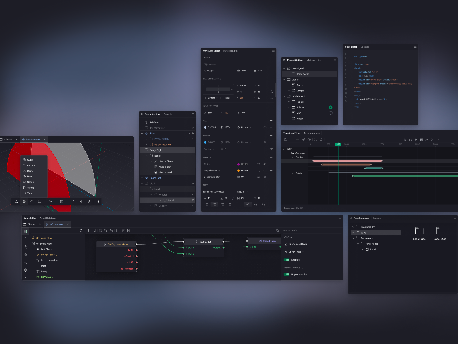 Incari Studio — a node-based tool for building HMIs 3d dark ui design tool desktop app developer tools node editor