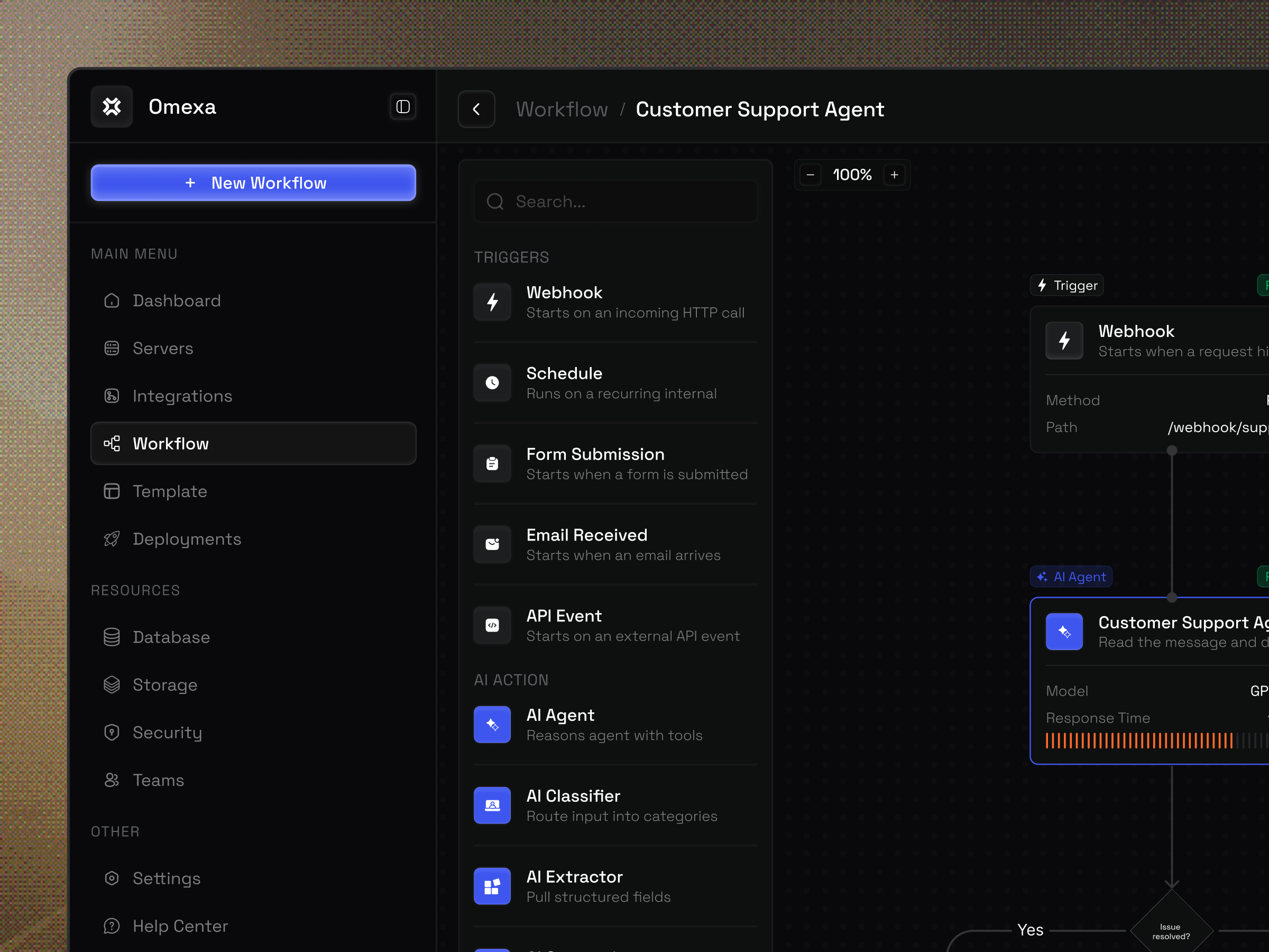Omexa - AI Workflow Studio Dashboard 3d agent ai animation app branding builder dashboard design graphic design illustration logo minimal mobile design mobile ui motion graphics studio ui ux website