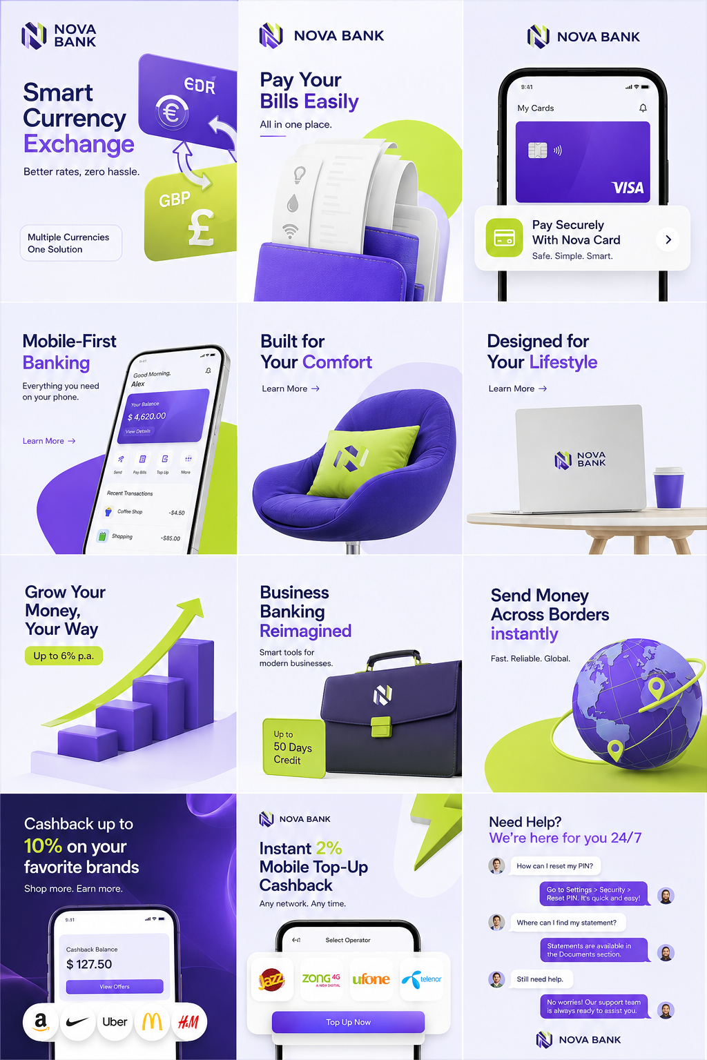Nova Bank (Social media posts) adobe illustrator banking banking app posts branding figma finance finance social media posts graphic design logo marketing ads saas posts social media posts