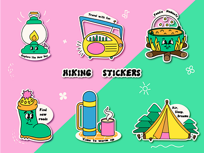 The Hiking Stickers in y2k style boots cup of coffee flashlight food hike hiking light mug nature pot radio sticker stickers stickers y2k stickers y2k style tent thermos tourism y2k y2k style