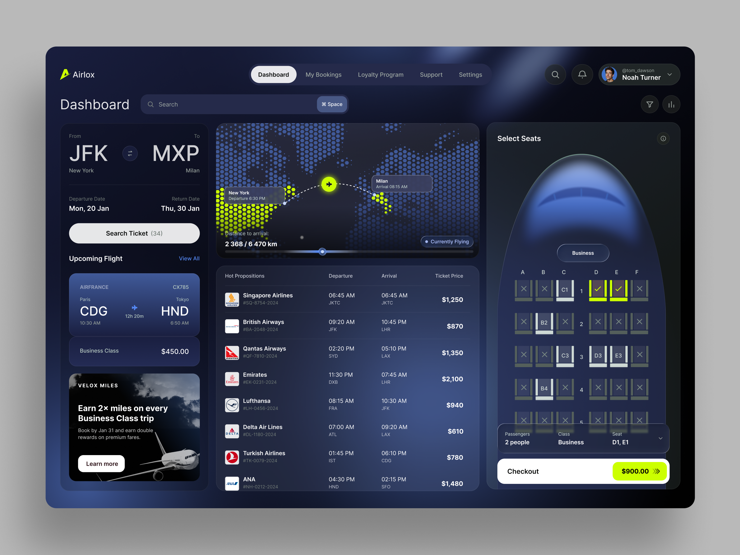 Airline Booking Platform — Search, Track & Seats admin panel airline app aviation booking dashboard booking ui dark mode dark ui dashboard data visualization flight booking flight tracker lime accent product design saas dashboard seat selection travel app travel dashboard ui ux design web app web design