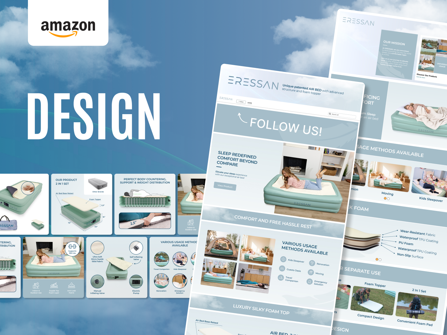 Inflatable Mattress Amazon Listing, A+ Premium & Brand Store a plus content design amazon brand story amazon ebc design amazon fba design amazon listing design amazon storefront brand store design camping gear branding competitor analysis conversion design ecommerce design home equipment branding home goods branding inflatable mattress design lifestyle imagery listing banner design photoshop design product carousel design product infographic sleep product branding