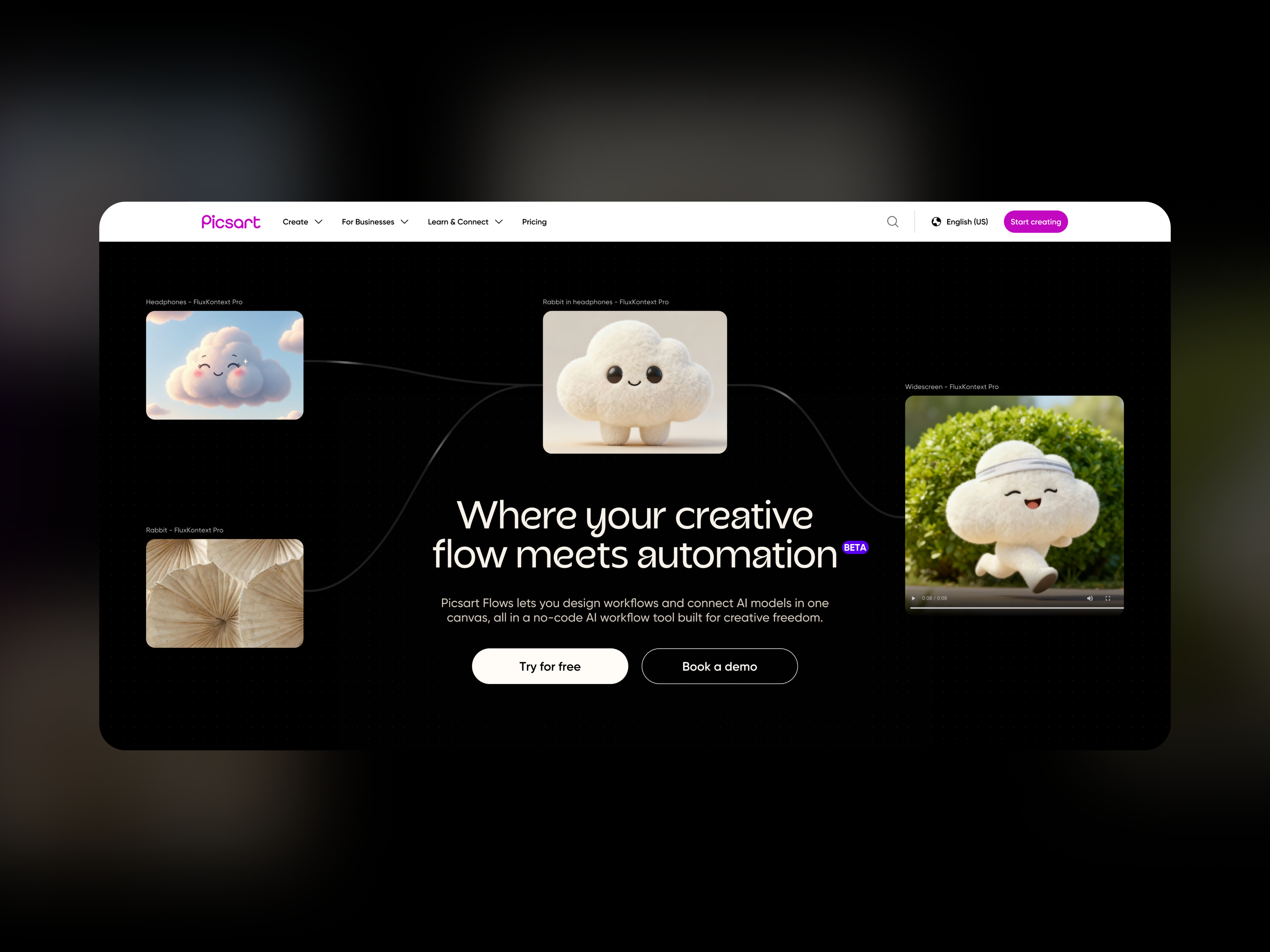 Picsart Flows — AI Workflow Automation Landing Page ai automation ai models ai workflow artificial intelligence collaboration tools creative platform creative tools dark ui figma generative ai growth design image editing landing page picsart product design ui design user experience ux design web design workflow automation
