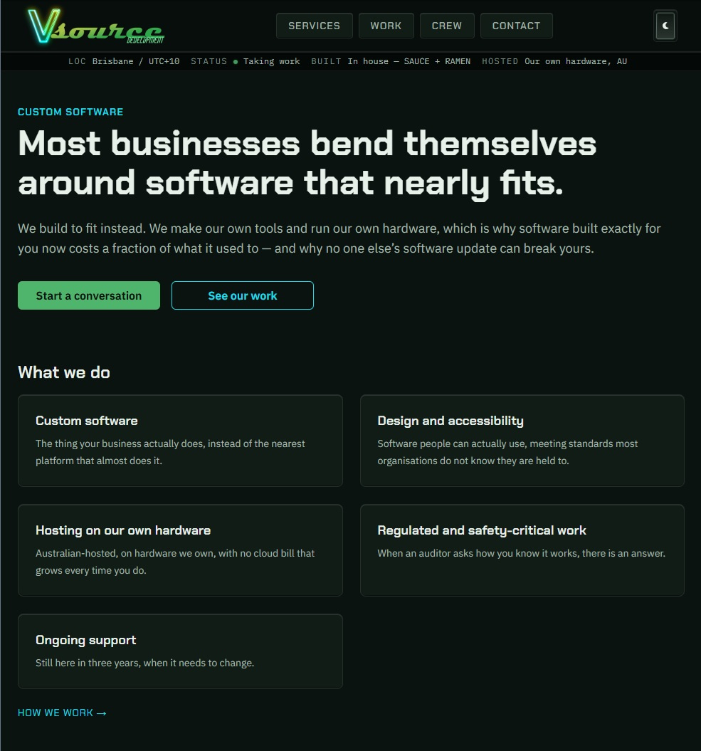 vsource.dev — one page, two themes accessibility australia brisbane dark ui landing page light ui medical nextjs react theming typography ui web design