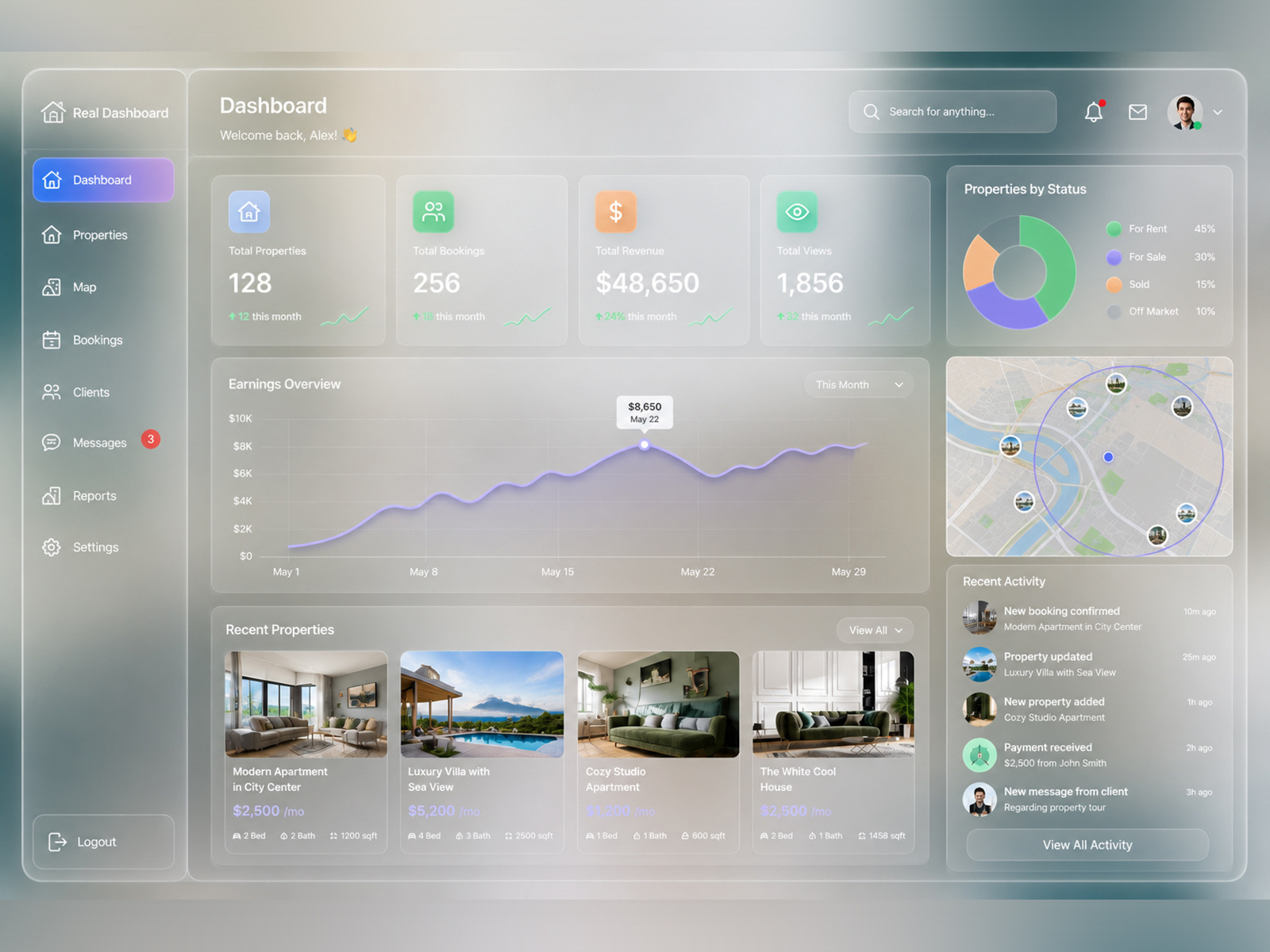 Real Estate Dashboard | Modern Property Management SaaS UI branding dashboard design dribbble figma glassmorphism map based property insights product design property listings property management real estate real estate dashboard saas saas interface design ui ui design ui ux design ux design web design