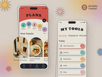 Serenity Tracker 60sinspired app healthylifestyleapp mindfulness mobile productivity retrodesign selfcare selfcareapp taskmanager ui vintageui wellbeing