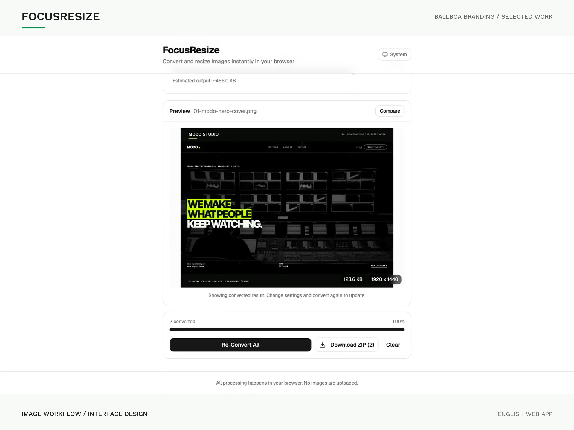 FocusResize — A Clear, Focused Image Workflow ballboa branding creative tools image converter minimal product design responsive design typography ui ux web design workflow