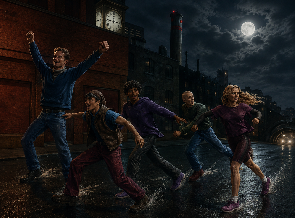 Running Free adobe photoshop character design character illustration concept art digital art digital illustration dynamic composition figure drawing hand drawn illustration mixed media narrative illustration night scene storytelling traditional illustration urban illustration