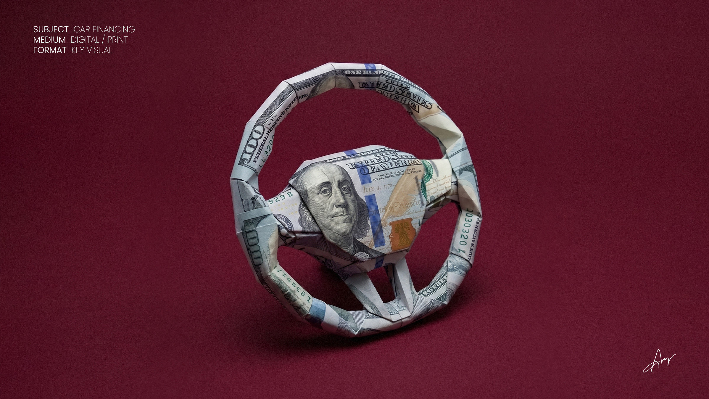 Car Financing: Money Origami Key Visual advertising design automotive advertising campaign design car finance concept design dollar bill origami financial advertising graphic design key visual money origami steering wheel visual design