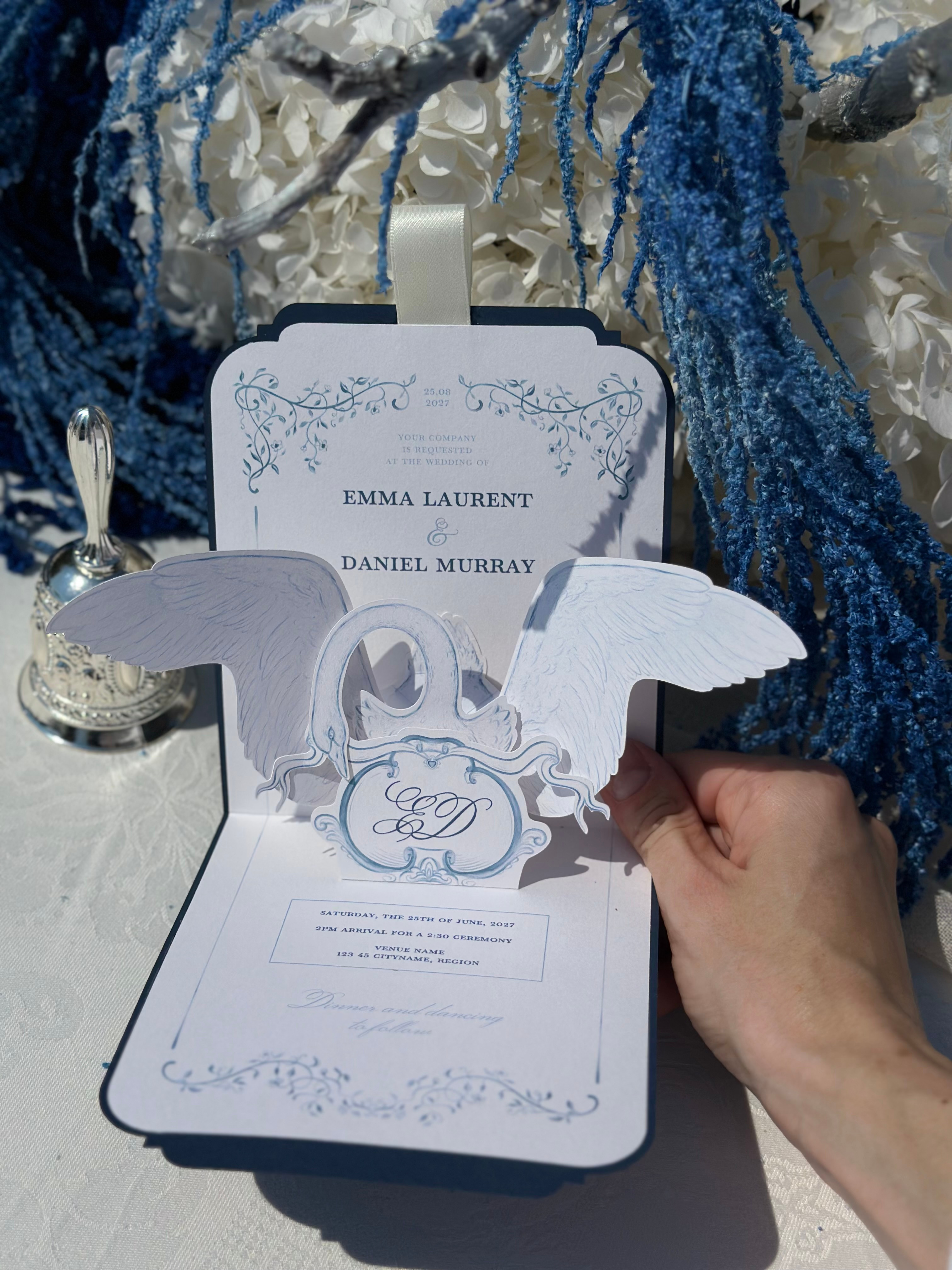 Pop-up wedding invitation card with a swan branding card design cards graphic design hand drawn illustration invitation card pop up swan wedding wedding stationery