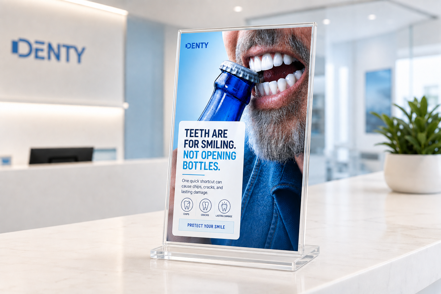 Denty table stand design ad creative banner design clean design clinic dental dental care dental promo dentist digital marketing flyer design graphic design healthcare healthcare design instagram post poster design smile social media design social media post teeth vector illustration