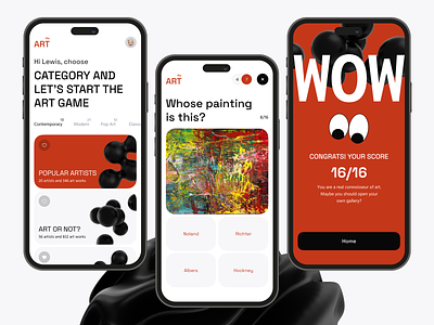 The Art Quiz app application art art game artist contemporary design game ios iphone mobile mobile app painting quiz quiz game red and black ui