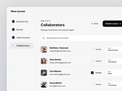 Course creation app black button card checkbox clean contrast design grey light list modal people progress search stepper ui users ux web