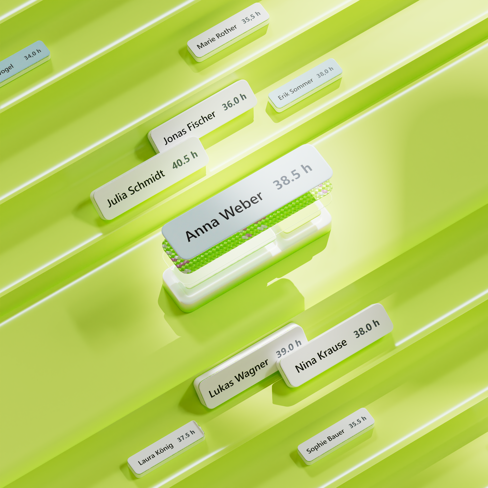 3D UI Concept: Employee Time Tracking Dashboard 3d render 3d ui 3d visualization app concept blender cinema 4d claymorphism dashboard design data visualization employee management glassmorphism hr tech lime green octane render product design redshift soft touch tactile ui time tracking ui design