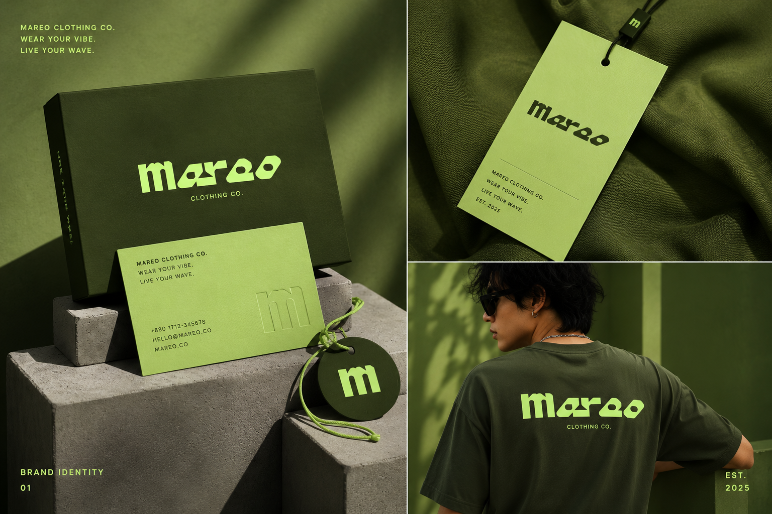 Mareo Clothing Co. — Streetwear Brand Identity | Logo, Packaging apparelbranding bolddesign brandidentity branding clothingbrand customtype fashionbrand fashionlogo greenlogo hangtag identity logo logodesign logoinspiration modernlogo packagingdesign streetwear streetwearbranding typography wordmark