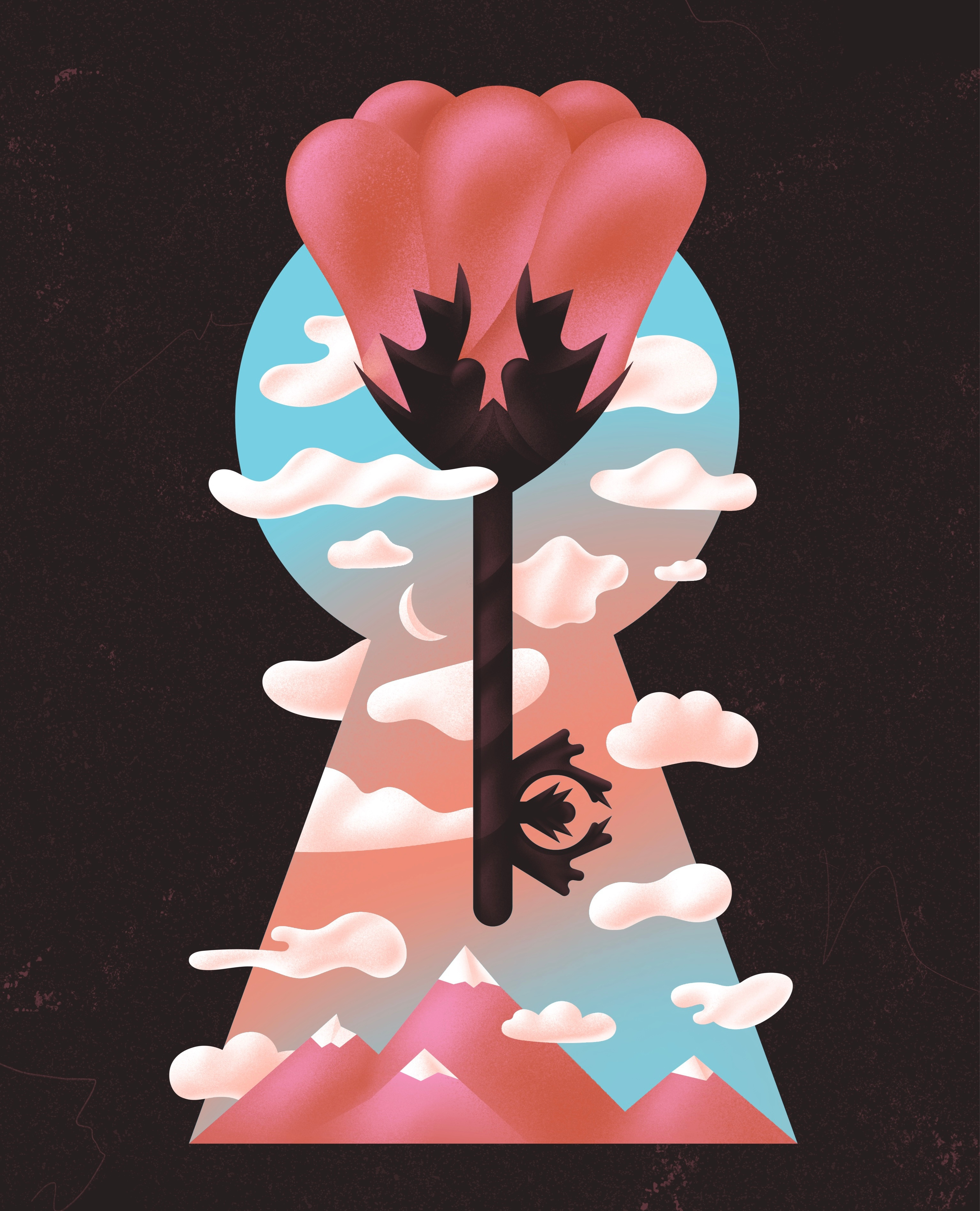 Unraveling 🗝️ article clouds colorful digitalart editorial flower gradient grain illu illustration illustrator key keyhole magazine moon mountains petals unlocking unravel vector
