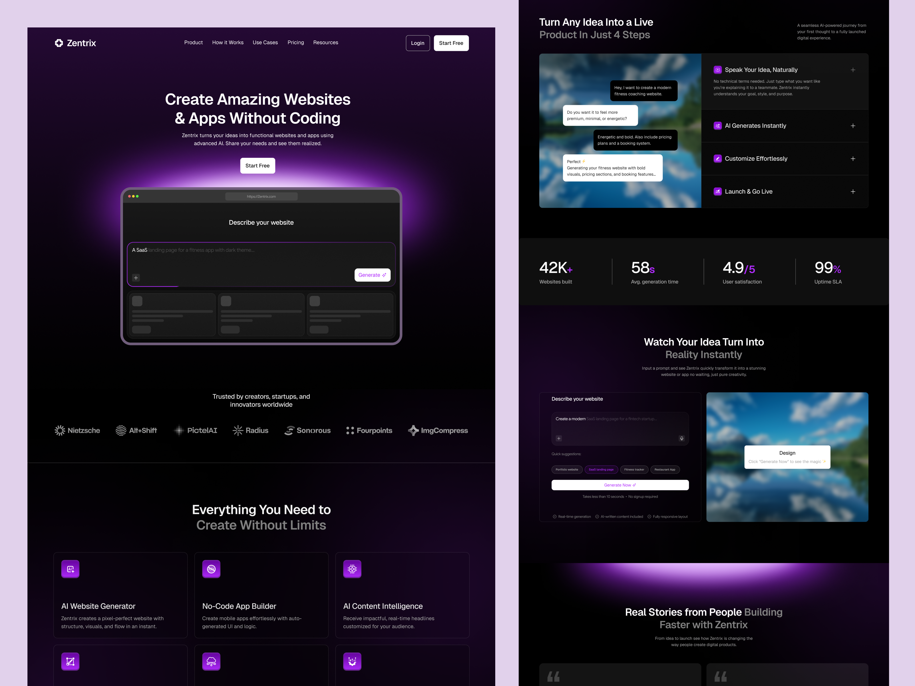Zentrix — AI No-Code Website Builder ai saas ai website ai website builder artificial intelligence dark ui landing page design no code app builder no code platform saas landing page saas website startup website technology website ui design ux design web design website builder website design