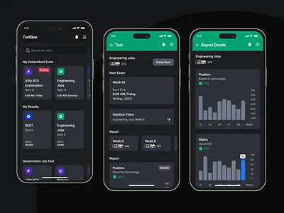 TestBee - Online Test-giving Platform card dark exam green mobile sta statistics test ui ux
