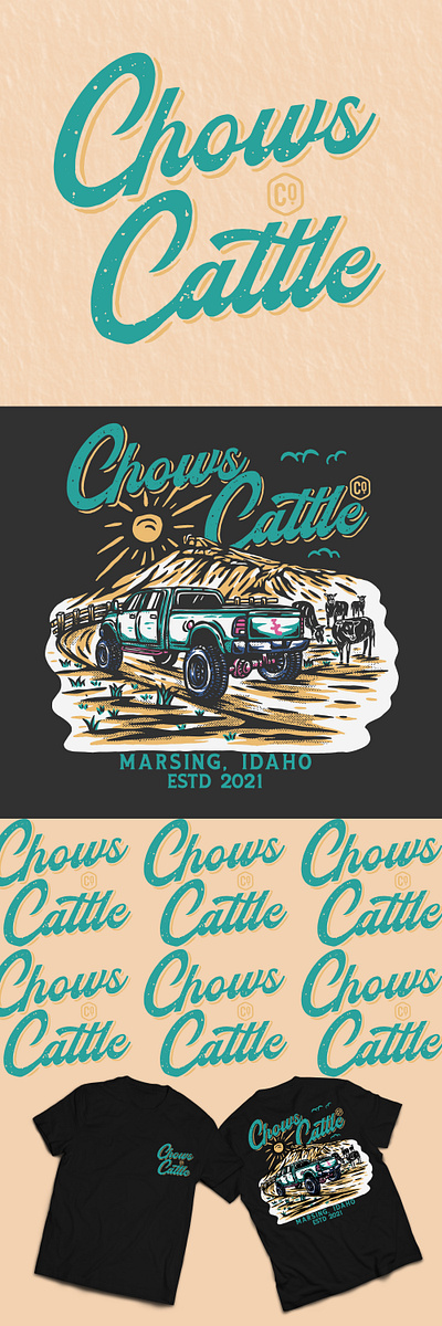 PROJECT FOR "CHOWS CATTLE" adventure apparel artwork badge commision cows farm graphic design handdrawn illustration logomaker mountain outdoor truck tshirt typograph vintage