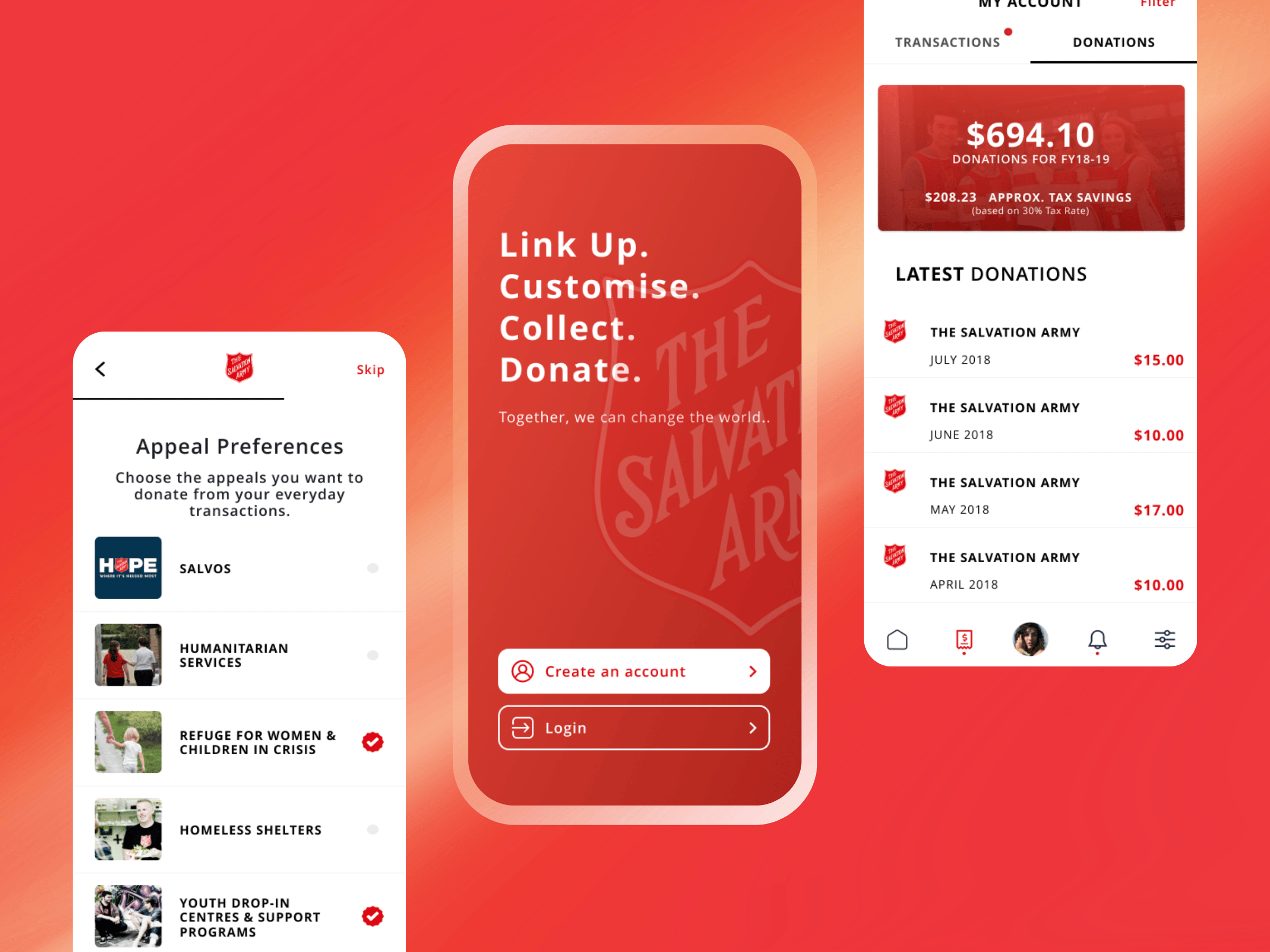 The Salvation Army Mobile App branding charity design donate donation graphic design mobile mobile app mobile design salvation army salvos ui