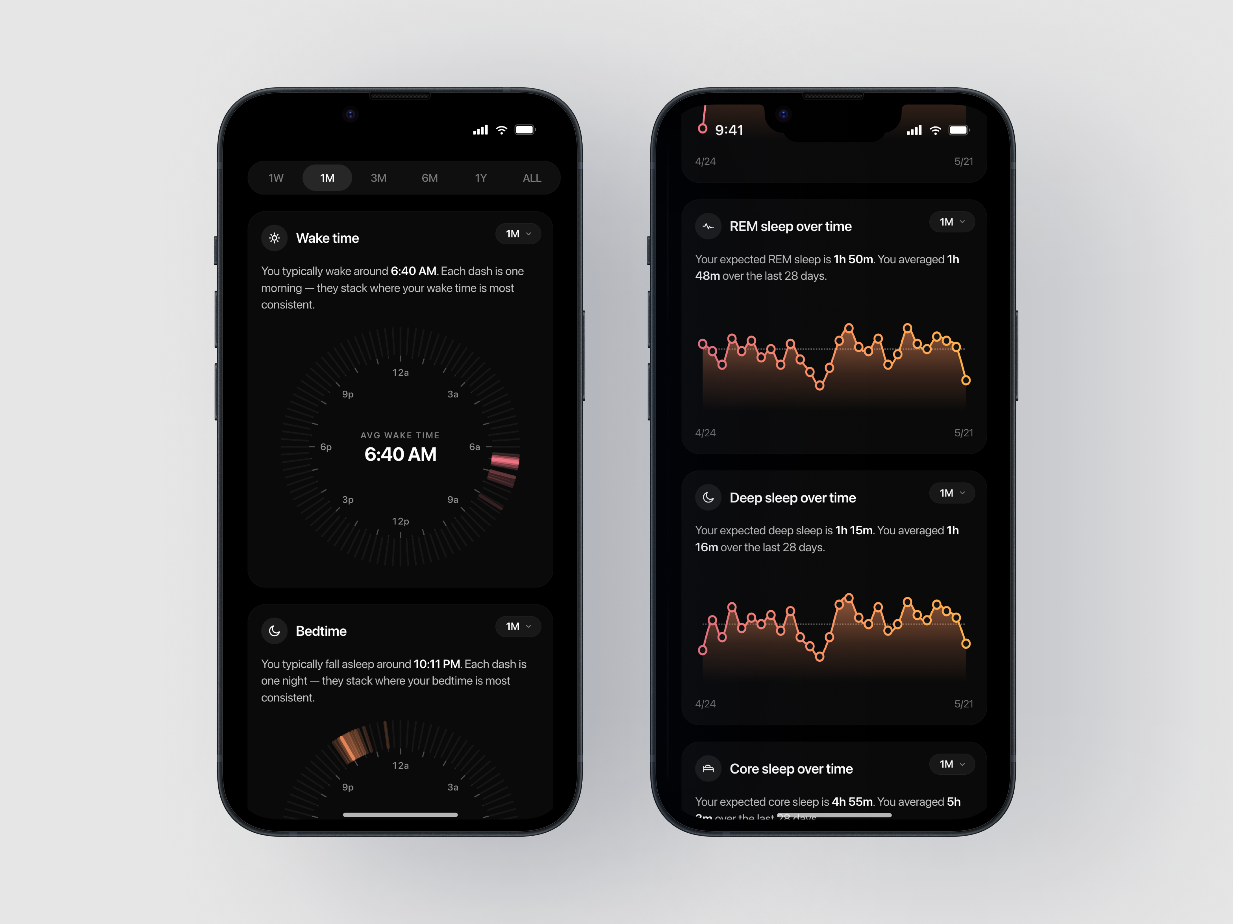 Sleep Stats alarm app charts clock dark theme fitness glow health ios modern orange sleep ui wellness workout