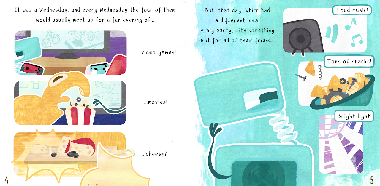 sample spread from "Whirr", an original picturebook book design character design children childrens illustration childrens picturebooks illustration mixed media picturebooks