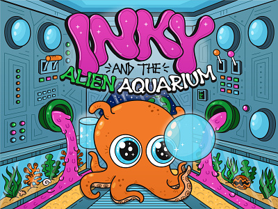 Inky and the alien aquarium adventure alien aquarium arcade art box cartoon character cosmos cover cute game gaming illustration kawaii nintendo octopus space ufo video