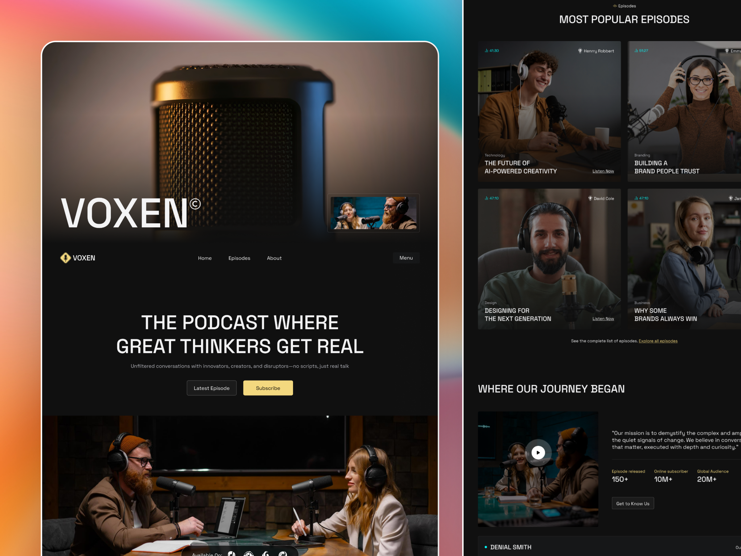 Voxen — Podcast & Creator Website UI/UX audio streaming platform audio website creative website creator website dark mode ui dark website design editorial web design entertainment website figma website design framer development framer website landing page design media website design modern website podcast landing page podcast ui design responsive web design ui ux design web ui design website design