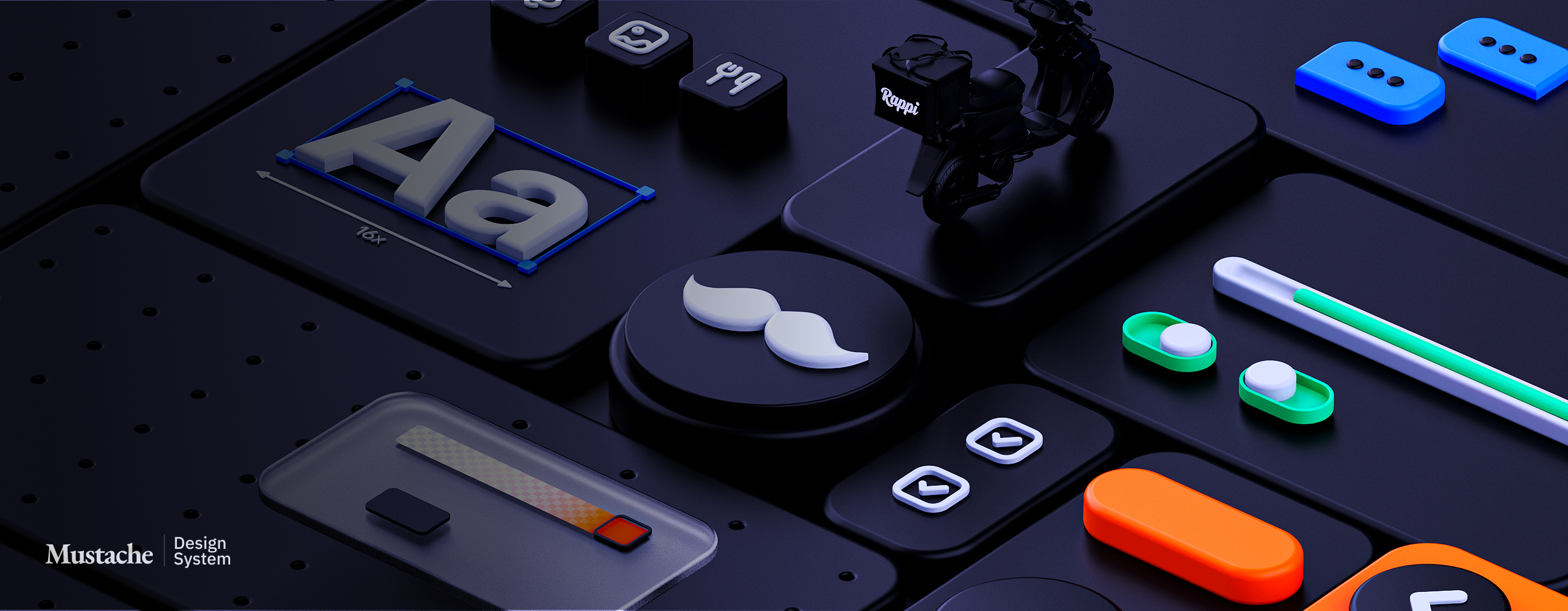 Covers Mustache Design System Rappi 3d artdirection darkmode designsystem graphic design mustache mustachedesignsystem mustacheds rappi ui uidesign