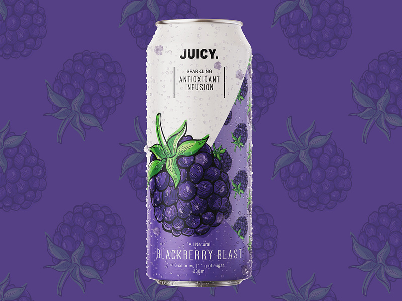 Blackberry Antioxidant Infusion Water by Juicy antioxidant beverage blackberry brand branding branding design can drink drink packaging illustration juicy label label design packaging design pattern product packaging raspberry sparkling water visual identity water