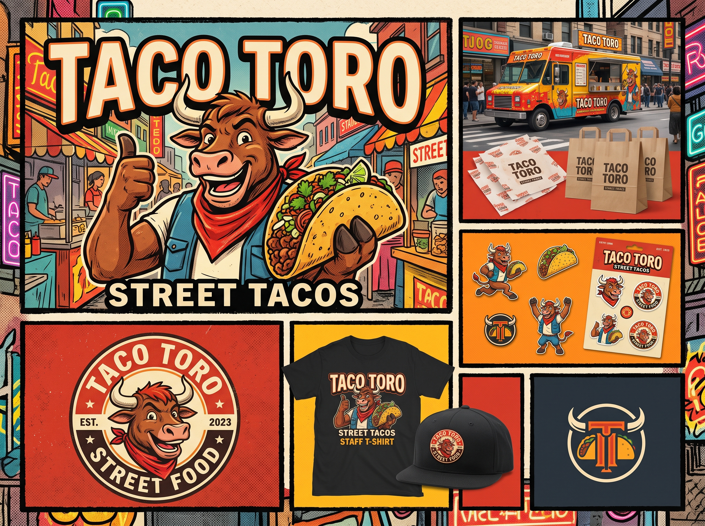 Taco Toro - Brand Identity & Mascot Design badge design brand identity branding design character design colorful branding commercial illustration food truck branding graphic design logo design mascot design packaging design restaurant branding retro branding retro style sticker design street food branding t shirt design typography vector illustration visual identity
