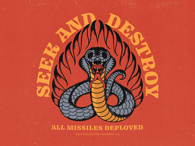 Seek And Destroy badgedesign branding cobra fire flame gold graphic design illustration illustrator merch seek and destroy snake stippling texture traditional typography