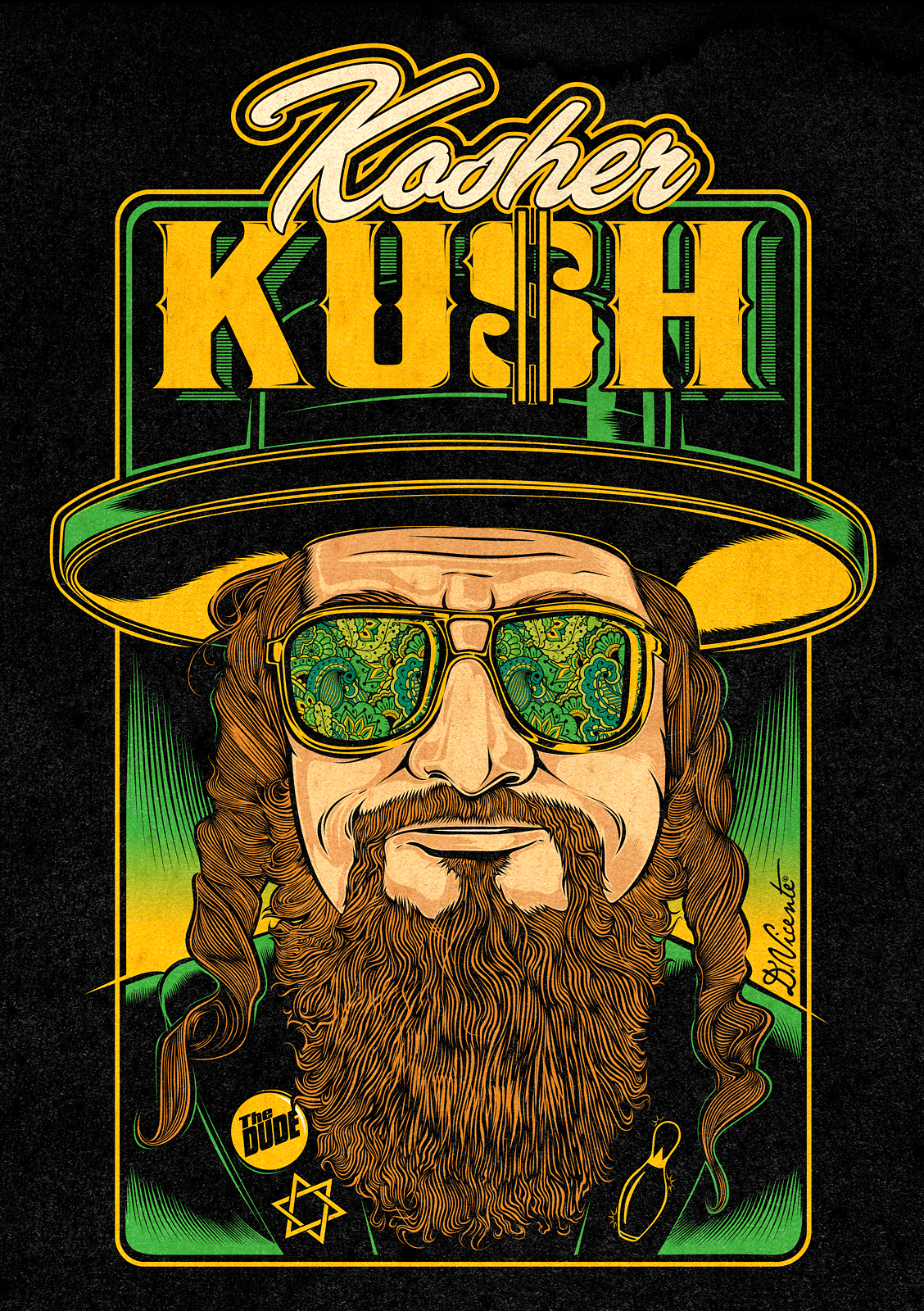 KOSHER KUSH — COLOR VERSION black and white art character design character portrait commercial illustration cult cinema custom lettering detailed linework e liquid branding illustration kosher kush lowbrow art packaging illustration poster design rabbi retro design the big lebowski the dude typography vape branding vintage texture