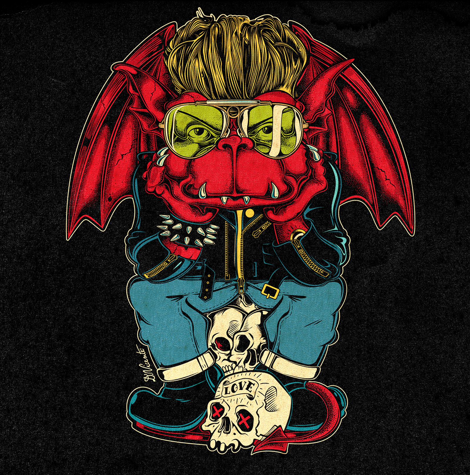 JOHNNY FANG — ROCKABILLY GARGOYLE aviator glasses character design creature design detailed linework gargoyle character gargoyle illustration illustration johnny fang leather jacket lowbrow art monster art pompadour hairstyle retro illustration rock and roll rockabilly rockabilly art skull art stippling art tattoo art vintage style