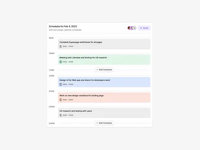 Day Calendar Scheduling Component app calendar clean dashboard design design system graphic design invite saas schedule task ui ui kit ux