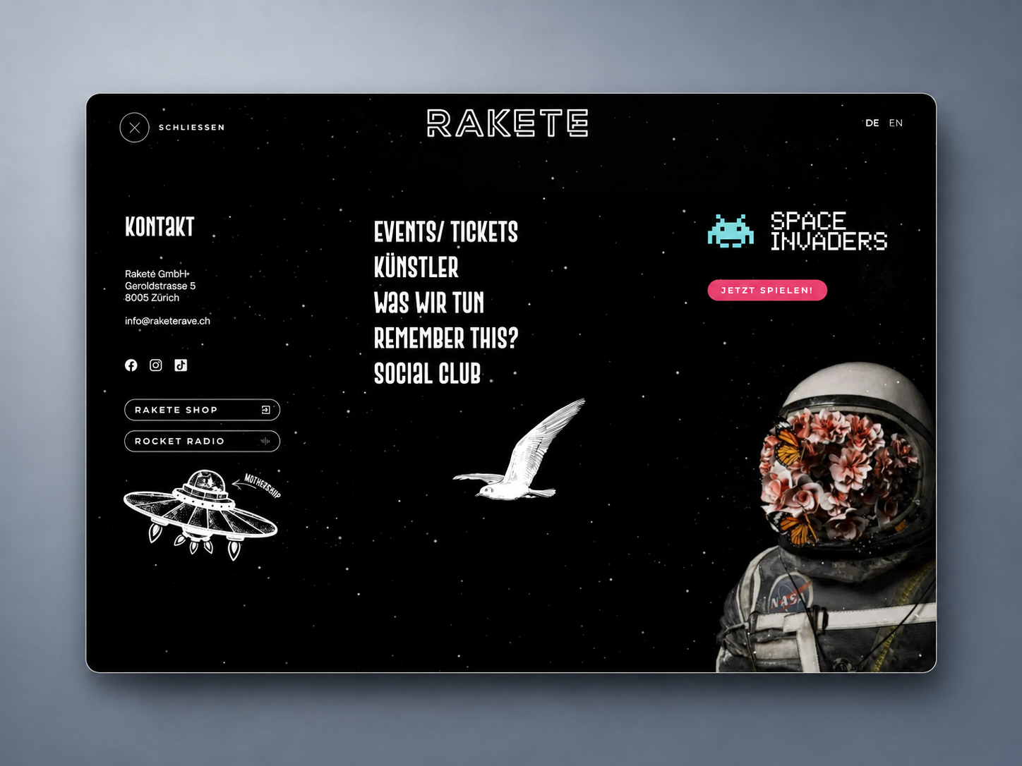 Zurich Rave & Event Label – Website agency club cosmos dark ui event website events headless cms illustration livingtech music neon nightlife party rave retro space ui design ux design web design zurich