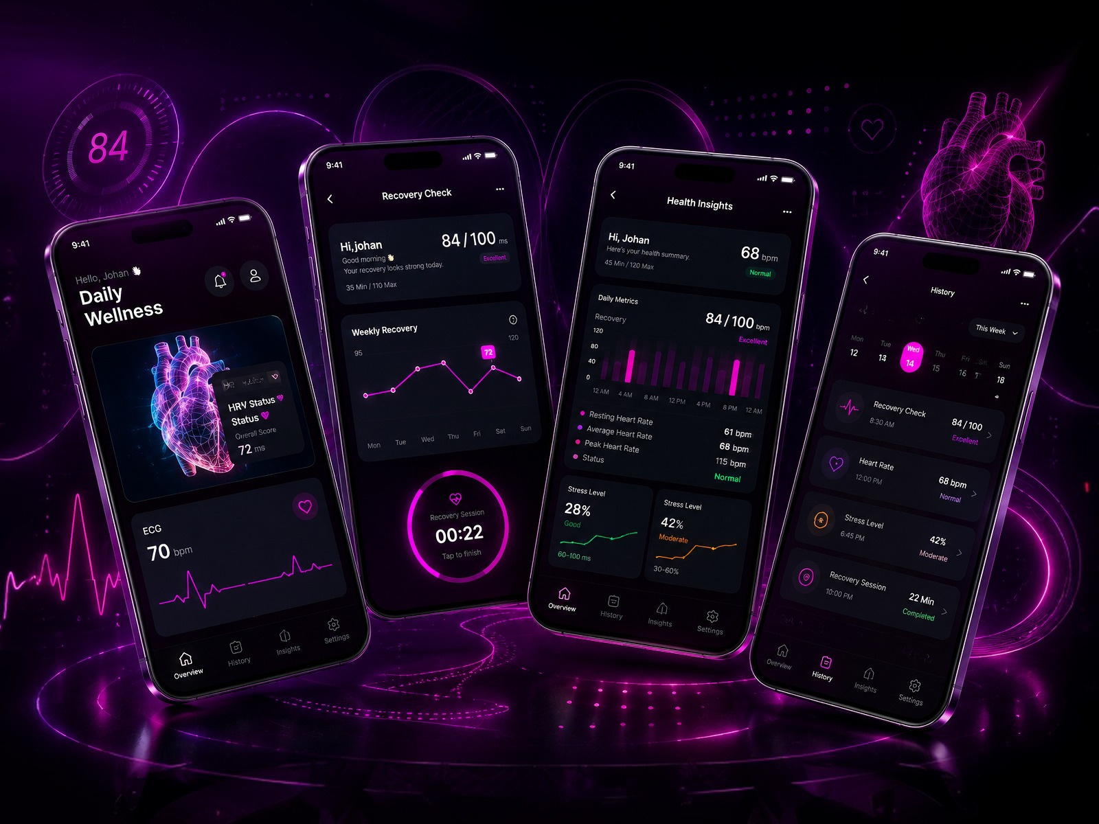 Daily Wellness App — Smart Health & Recovery Dashboard ecg fitness app health app health dashboard health monitoring health tech health tracking healthcare app healthcare ui heart rate hrv medical app mobile app mobile app design product design ui design ui ux ux design wellness app wellness dashboard