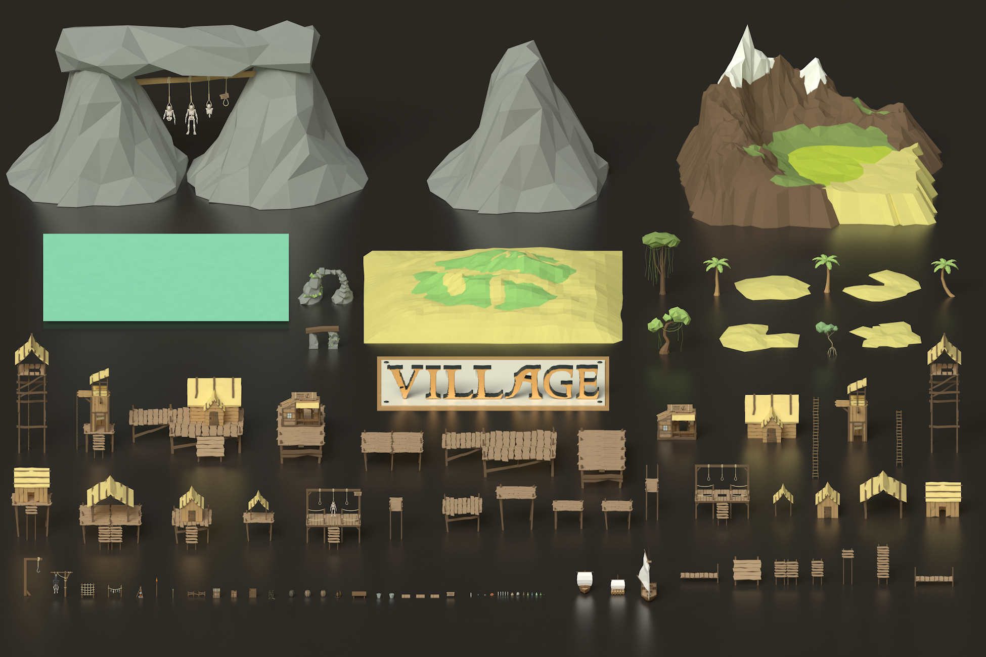 Low Poly Pirate Fisherman Village 3D Asset Pack 3d art asset buildings cinema4d game art game ready houses hut illustration island low poly lowpoly models nature pack pirate pirates unity village