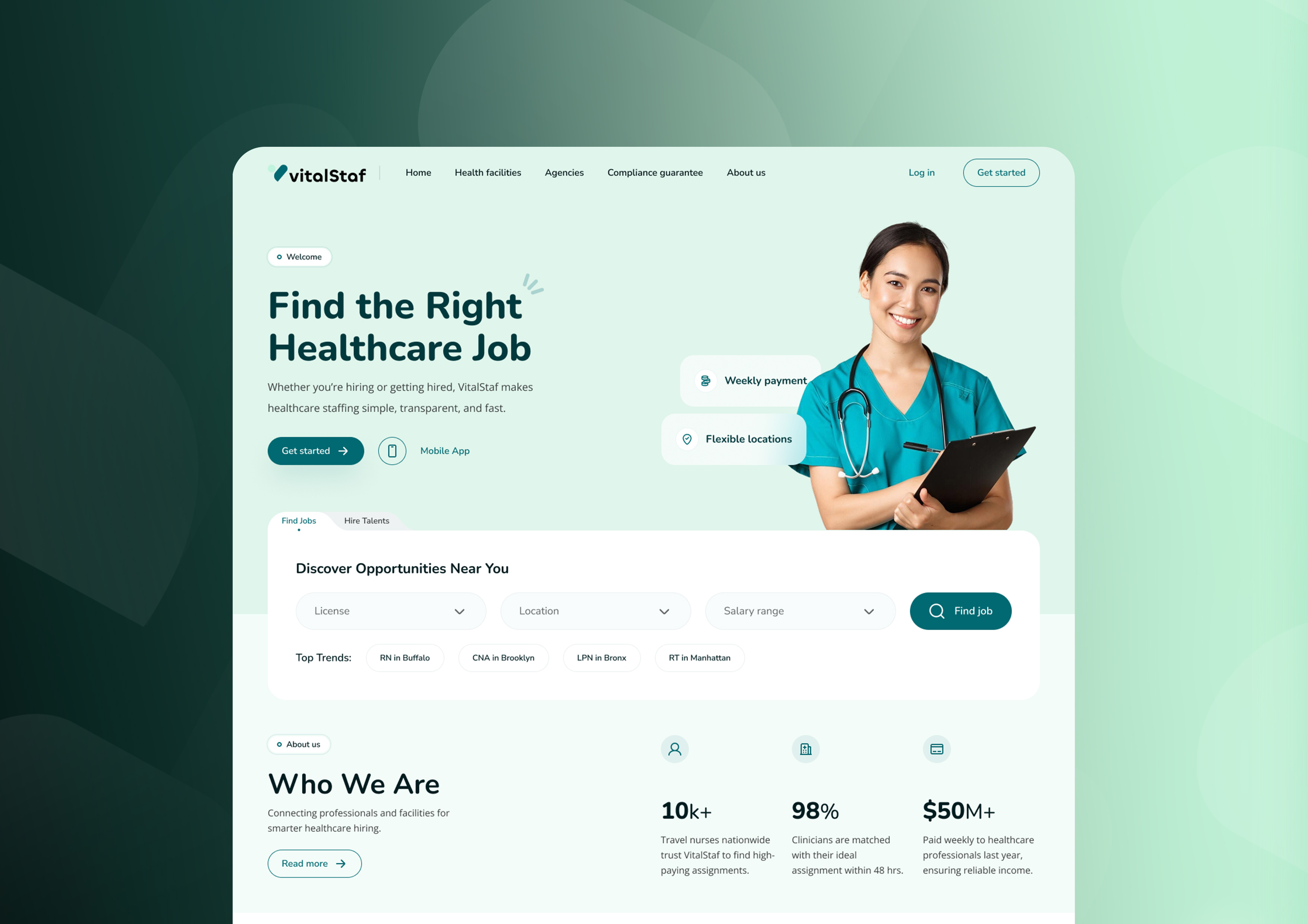 VITALSTAF Healthcare Staffing Website & Mobile App UI/UX app ui digital product healthcare app healthcare design healthcare staffing healthcare ui healthcare ux job platform medical website mobile app design nursing app product design saas staffing platform ui design ui ux design user experience user interface web design website design